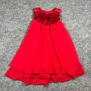 Kid's Dream A Line Dress Girls 7-8 Red Chiffon Satin Bib Neckline Ruffle Hem